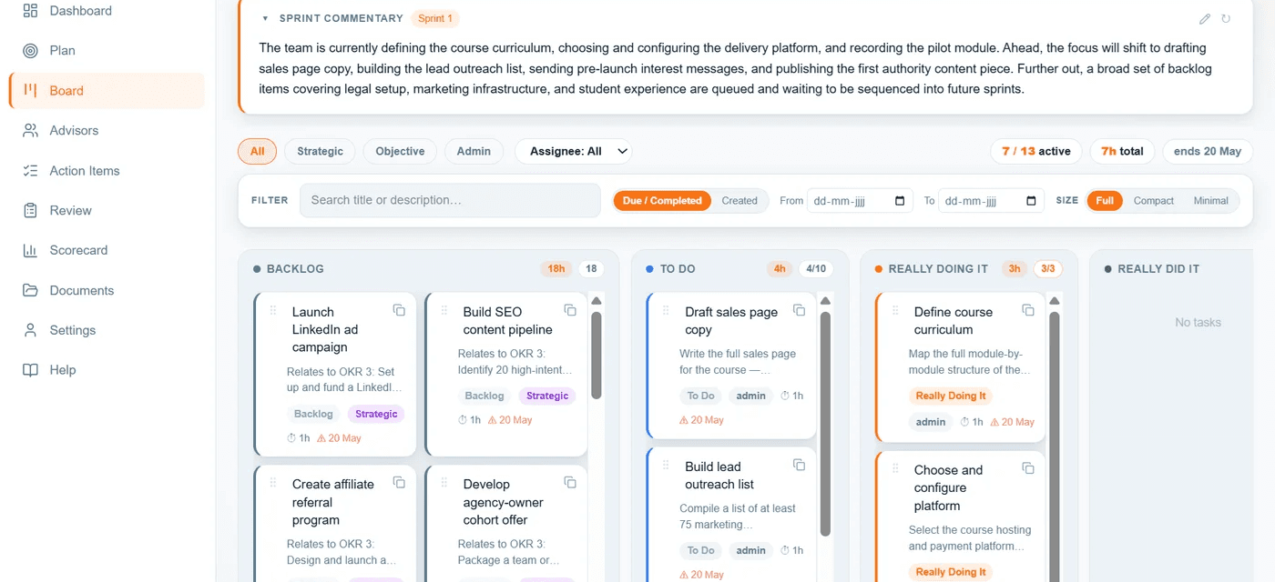 The RPM execution board: a sprint commentary above four columns of task cards, each card linked to a key result.